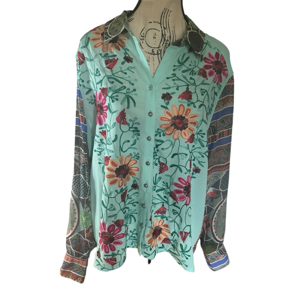 John Mark Teal Floral Long Sleeve Blouse - Picture 3 of 16